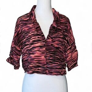 Noisy May Pink Tiger Print Ruched Crop Button Shirt NWT